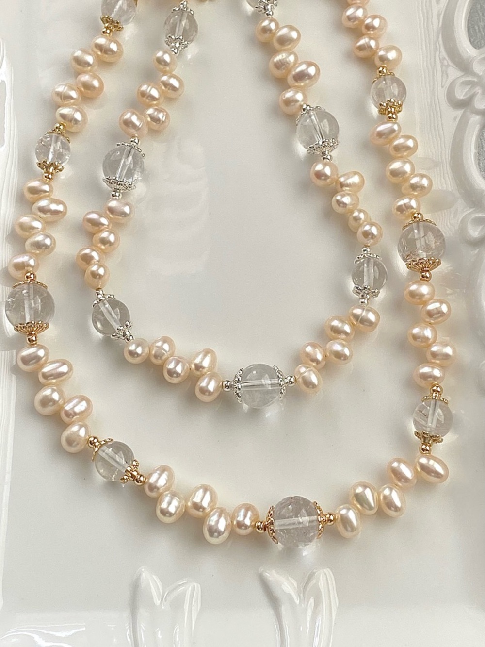 GP66-Handmade High Quality Champagne Freshwater Pearl And Clear Quartz Necklace - Picture 3 of 10